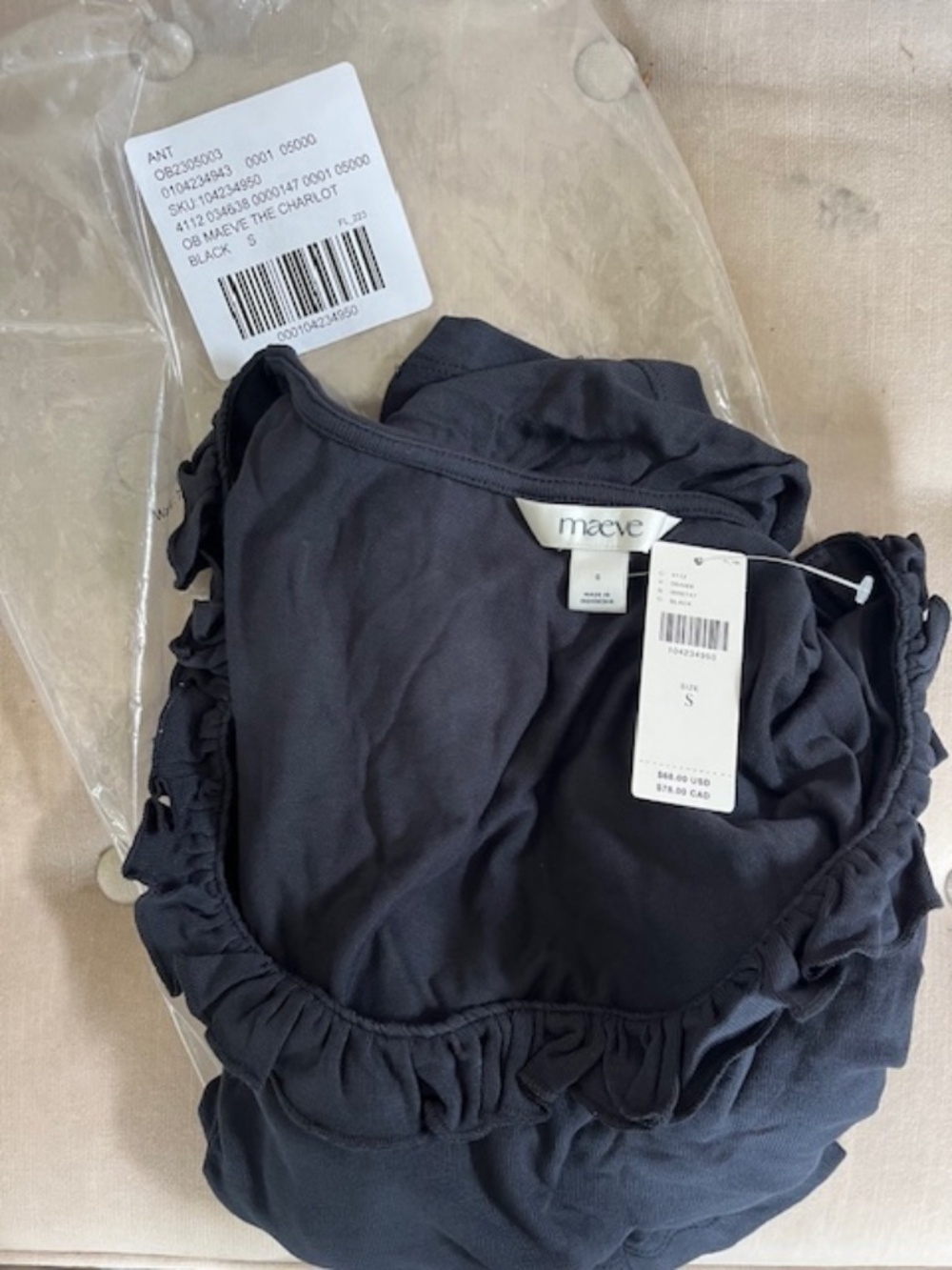 Anthropologie Maeve Long-Sleeve Scoop-Neck Ruched Top Black Size Small NWT $68 - Picture 4 of 4